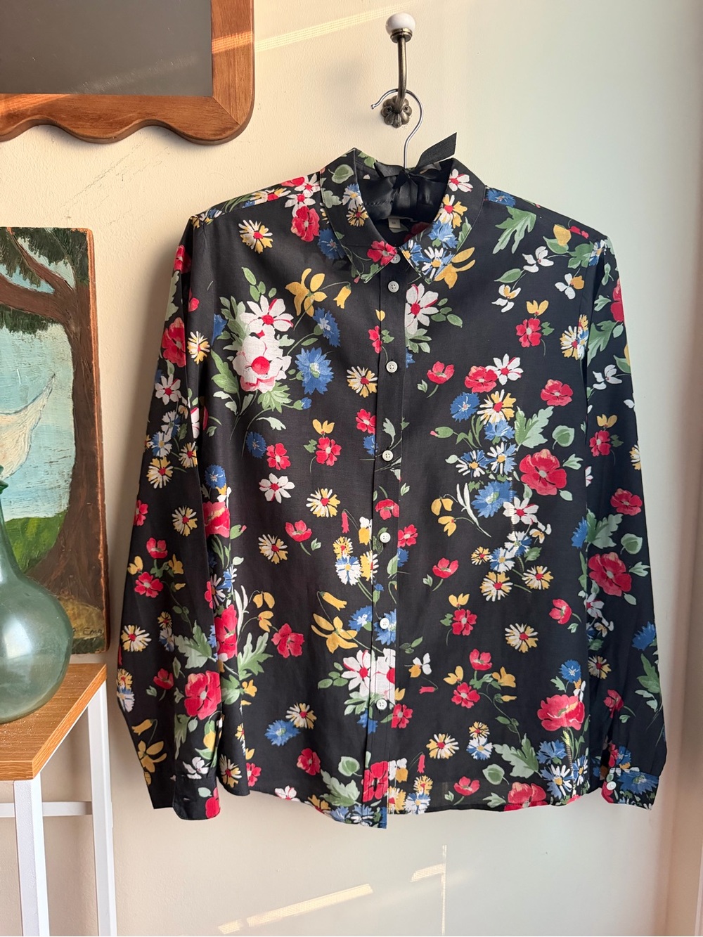 Sézane Pierro Shirt Black Multicolor Floral Print Size 34 XS
